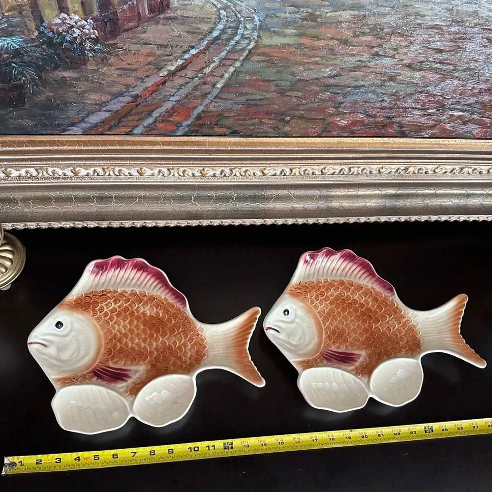 Vintage Ceramic Fish-Shaped Platters - Red and Brown Hand Painted
